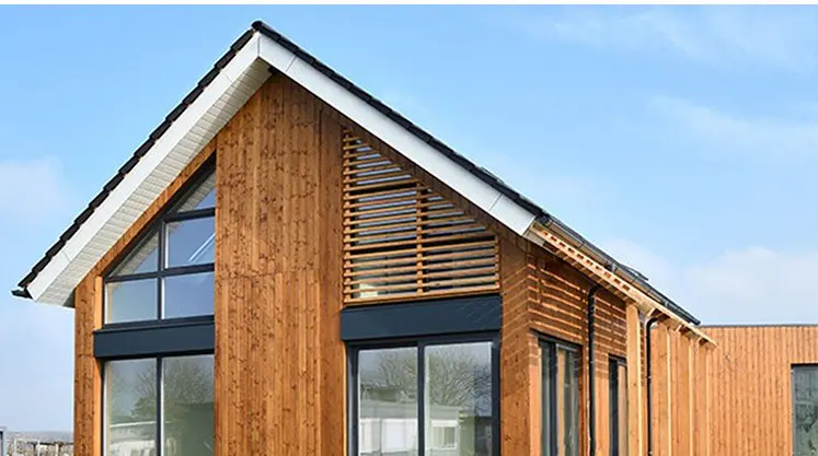 Vrijstaande woning met houten gevel en een puntdak met grote glaspui
