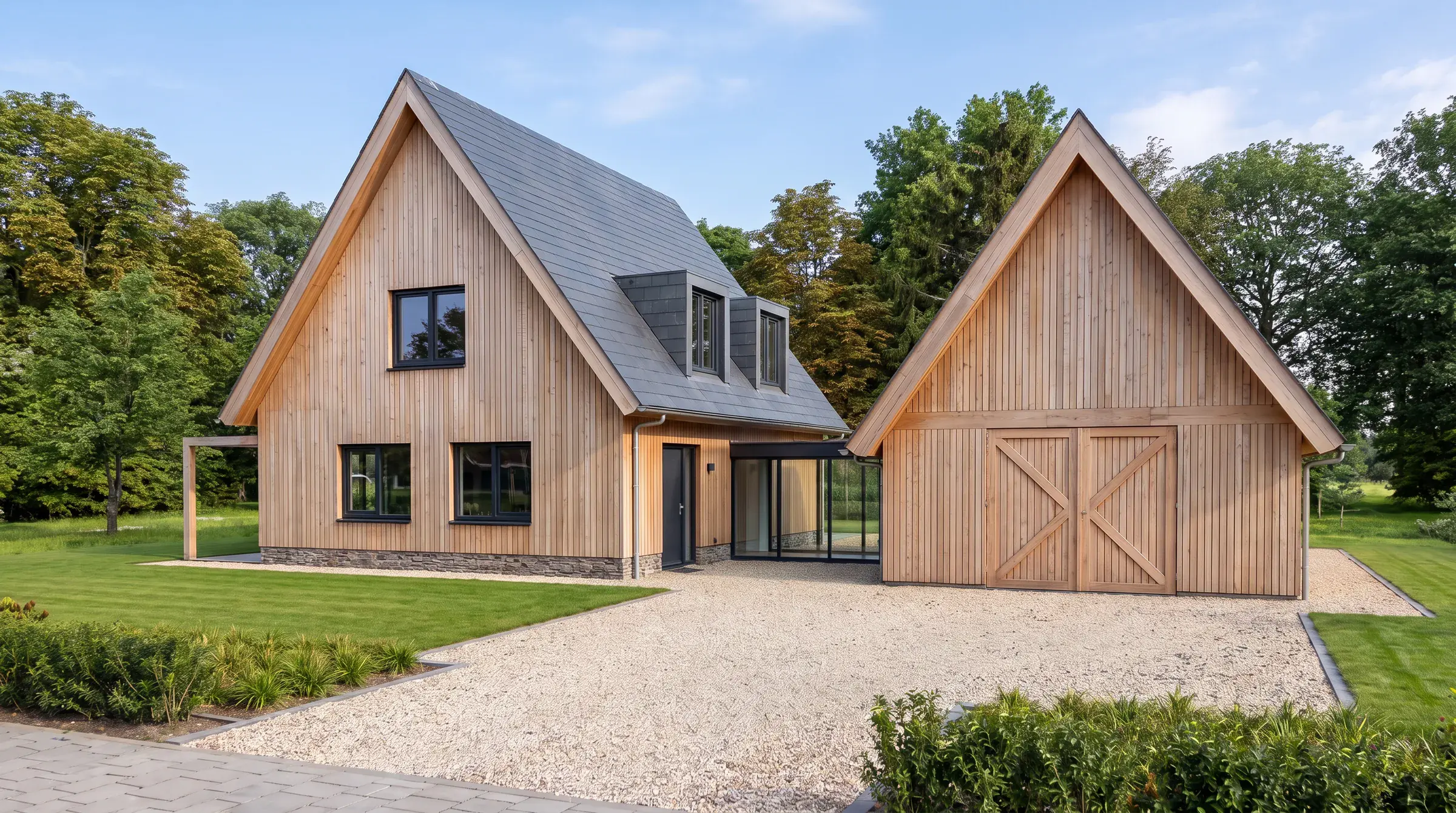 Impressie van het erf: een houten woonhuis met dakkapellen naast een houten schuur met kruisdeuren, verbonden door een glazen gang