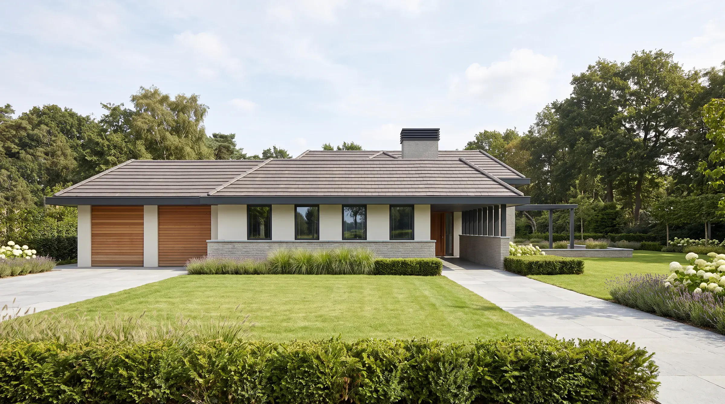 Impressie recht op de voorgevel: een brede gelijkvloerse villa onder een laag schilddak, met links de garage met twee houten deuren en rechts de galerij van donkere staanders