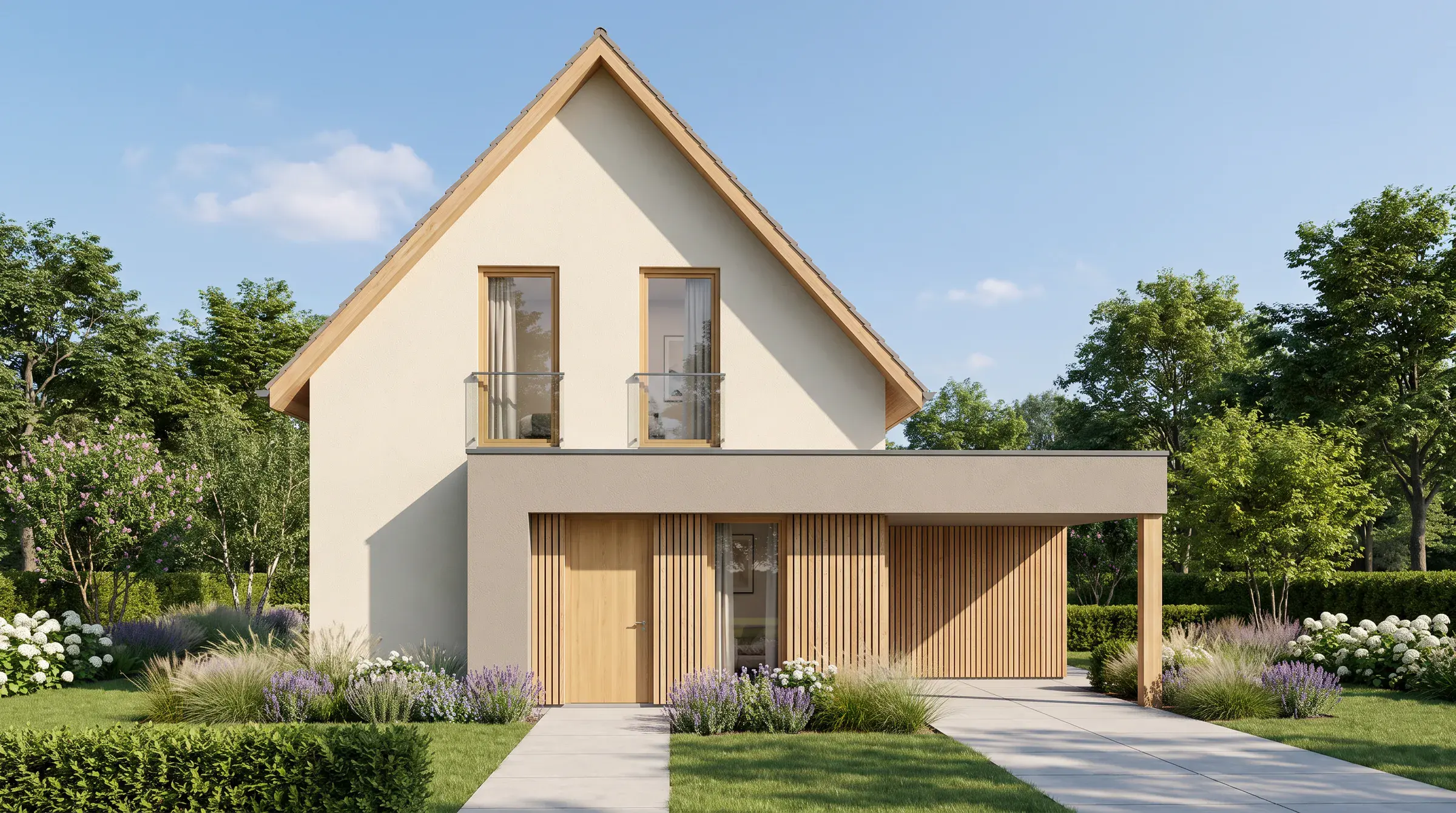 Impressie recht op de voorgevel: een licht gestuukt huis onder een steile kap met twee Franse balkons, beneden een aanbouw met houten lamellen en de carport onder hetzelfde platte dak