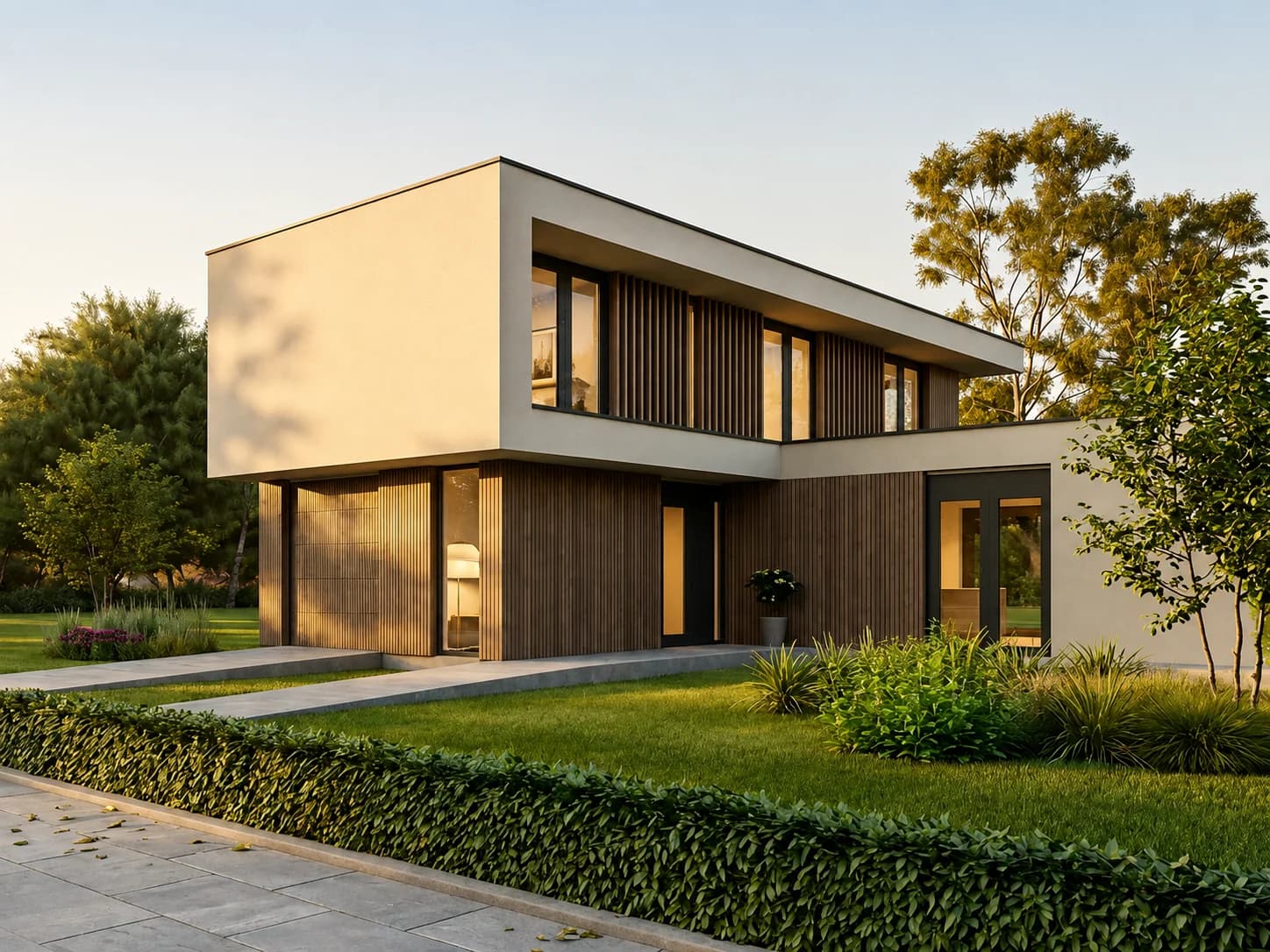 Moderne vrijstaande villa met hout en wit stucwerk in een groene tuin