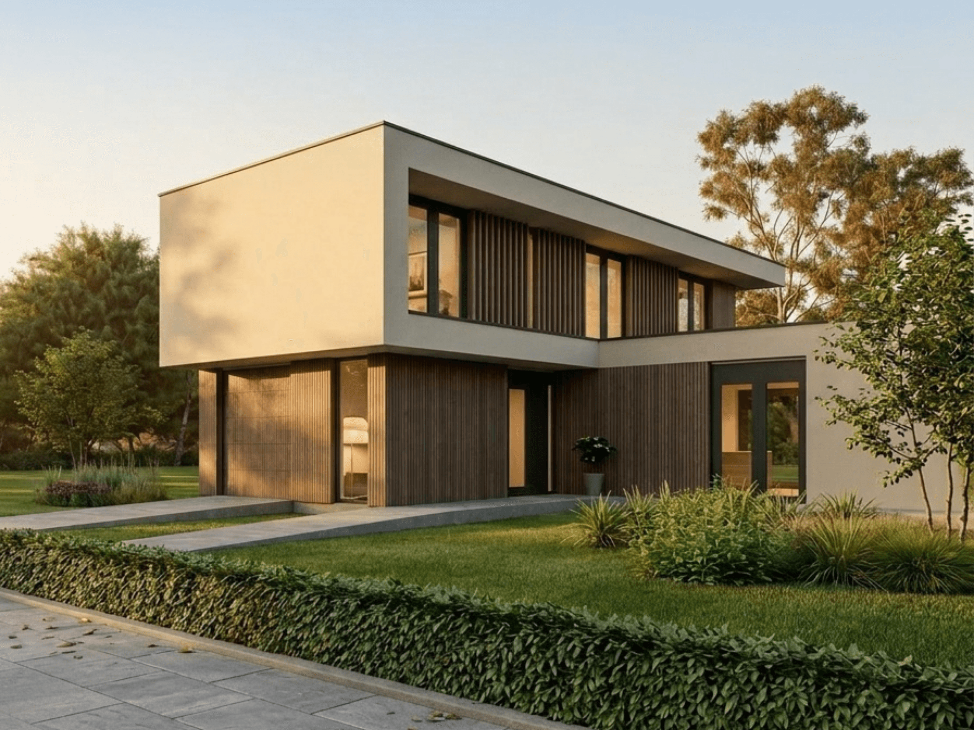Moderne vrijstaande villa met houten gevelbekleding in een groene tuin