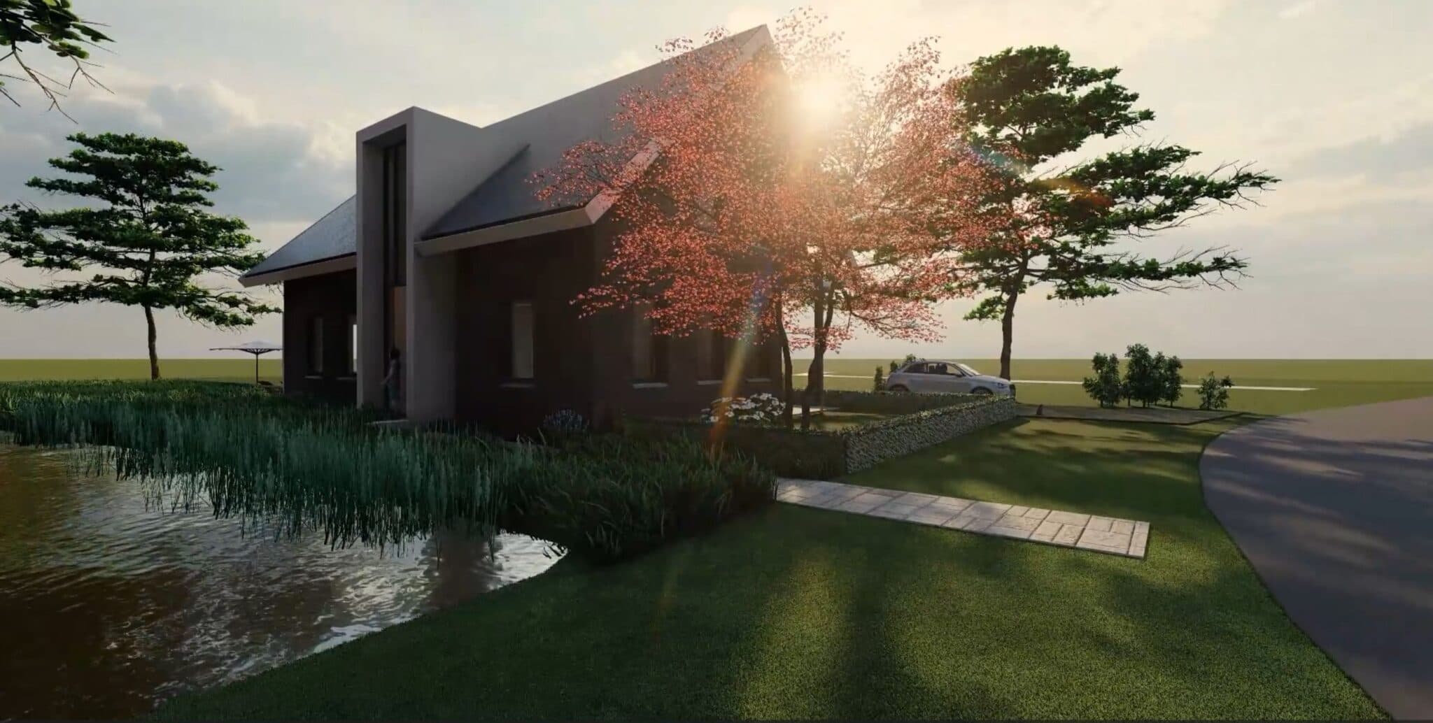 Ontwerpimpressie van een villa aan het water bij avondlicht
