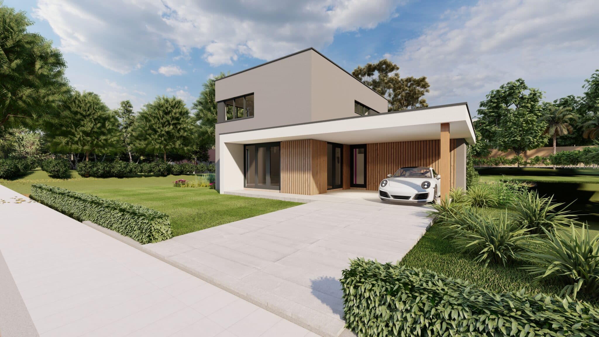 Ontwerpimpressie van een moderne villa met carport