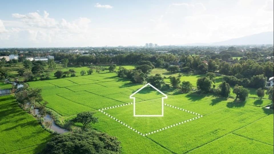 Een groen grasveld met een ruime kavel in het zonlicht